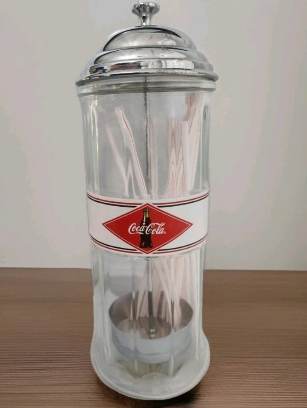 Coca Cola Clear Straw Dispenser with Red Logo and Silver Accents